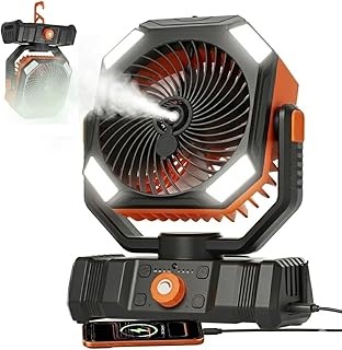 USONE Misting Fan, Portable Camping Fan Rechargeable, Battery Powered Fan for Camping with Light, Remote & Timer, Hanging ...