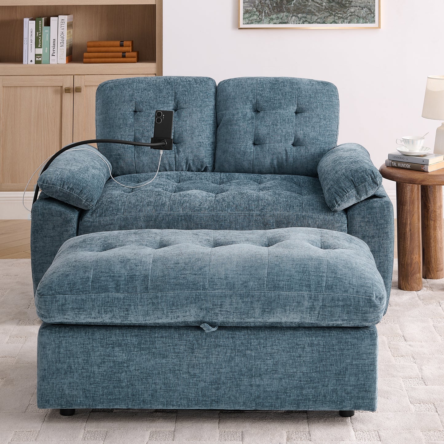 Leisure Sofa Chair,Double Sofa Recliner, With Manually Adjustable Backrest, Soft Padded Armrests, Side USB Charging Port And Phone Stand, Comes With A Matching Storage Ottoman-Blue