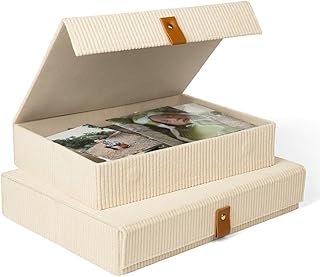 cherish & dwell Pretty Corduroy Decorative Storage Boxes with Lids (Set of 2) – Keepsake Boxes for Photos, Memory Boxes fo...