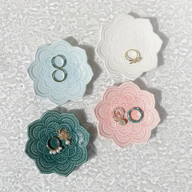 Jewelry Dish Tray Ring Dish Ceramic Tray Mandala Flower Shape Trinket Plate Jewelry Organizer Dish