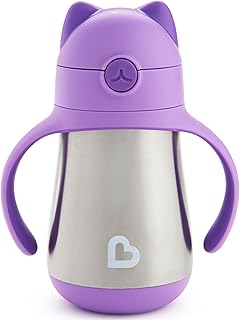 Munchkin Cool Cat Sippy Cup with Straw for Toddlers, Stainless Steel Straw Cup, 8 Ounce, Purple
