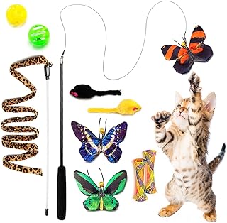 AWOOF Butterfly Cat Wand Cat Toys Set, Realistic Crinkle Catnip Butterflies Kitten Toys with Retractable Interactive Cat W...