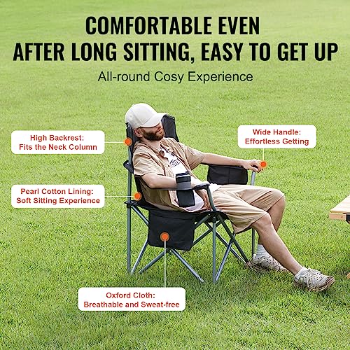 VEVOR Oversized Camping Folding Chair, Portable Heavy Duty Outdoor Quad Lumbar Back Padded with Side Pockets, Cup Holder a...