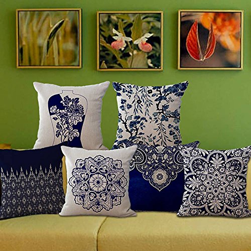 ChezMax Blue and White Porcelain Throw Pillow Cover, Decorative Chinoiserie Floral Chair Back Cushion Case Linen Cotton Pi...