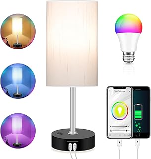 Bedroom Lamp with Smart RGB LED Bulb, Multicolor Changing Table Lamp for Bedroom with 2 USB Port, Dimmable Bedside Lamp Wo...