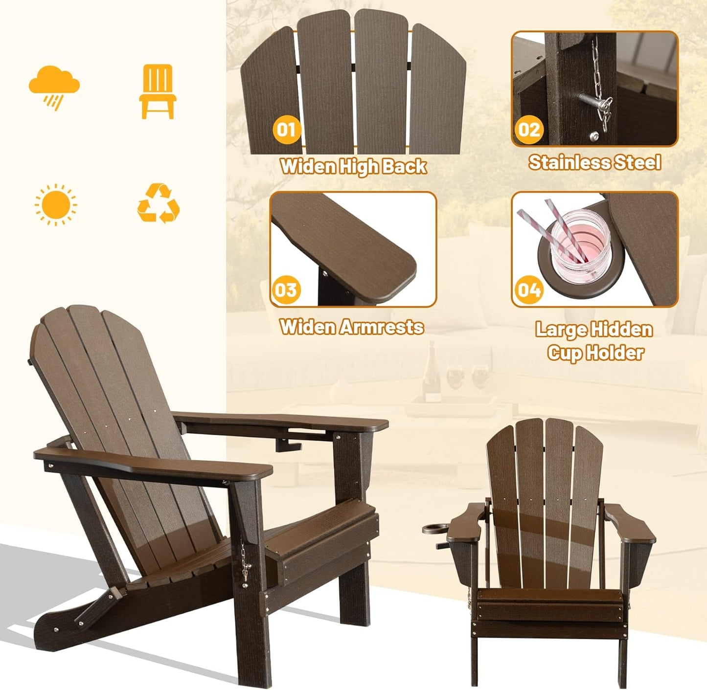 Adirondack Chairs Set Of 2, Plastic Adirondack Chair, Adirondack Chairs, HDPE Adirondack Chair, Folding Adirondack Chairs, Outdoor Chairs With Cup Holder For Lawn Patio Deck Fire Pit -Brown