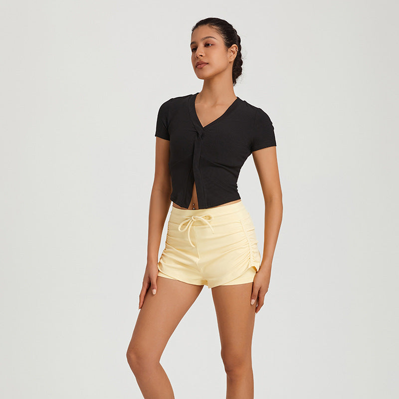Women Side Cinch Ruched Layer Look Shorts For Yoga Running Fitness