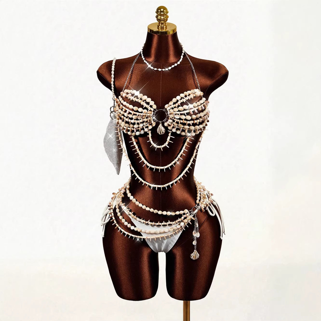 Beaded Bra Vest Halter-Neck Sexy Corset Body Chain 2-Piece Set