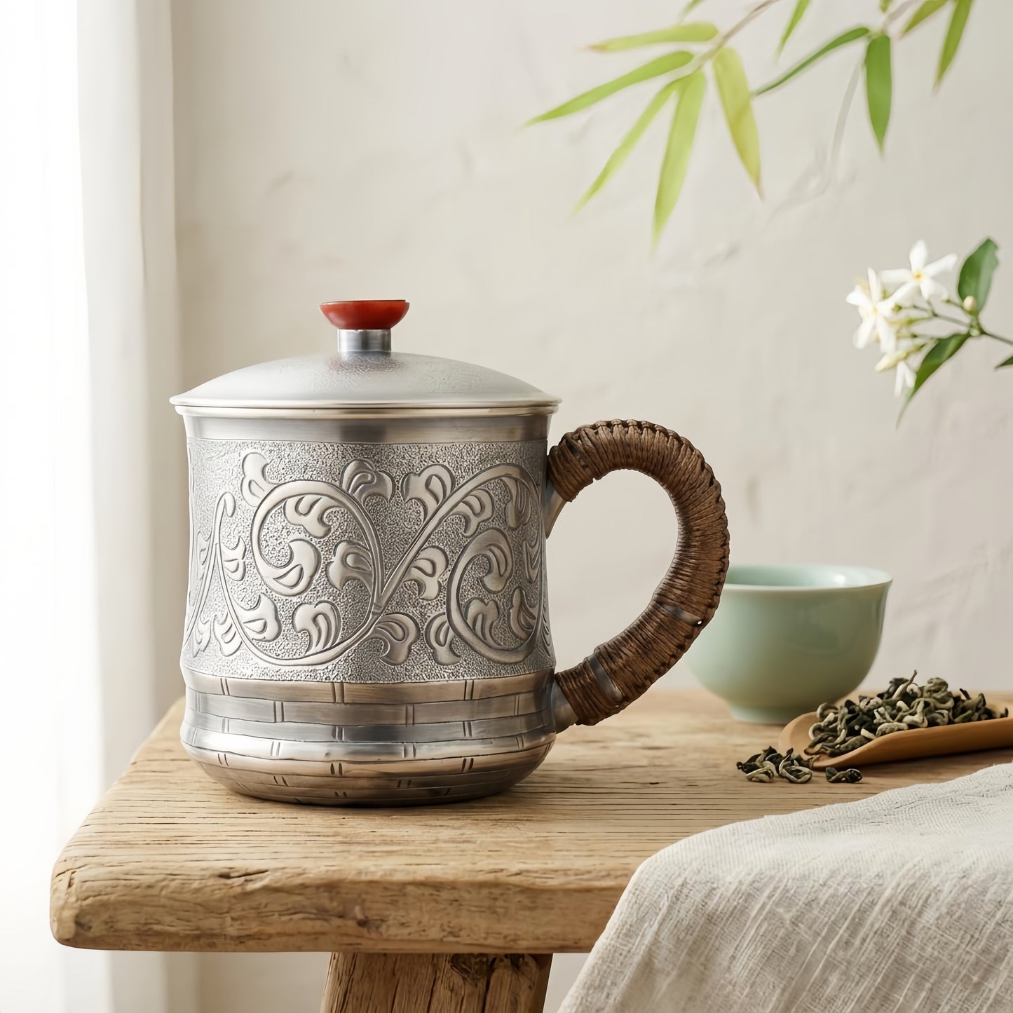 Pure 999 Fine Silver Elegant Mug with Intricate Floral Engraving and Woven Bamboo Handle-Premium Tea Mug - Handicraft