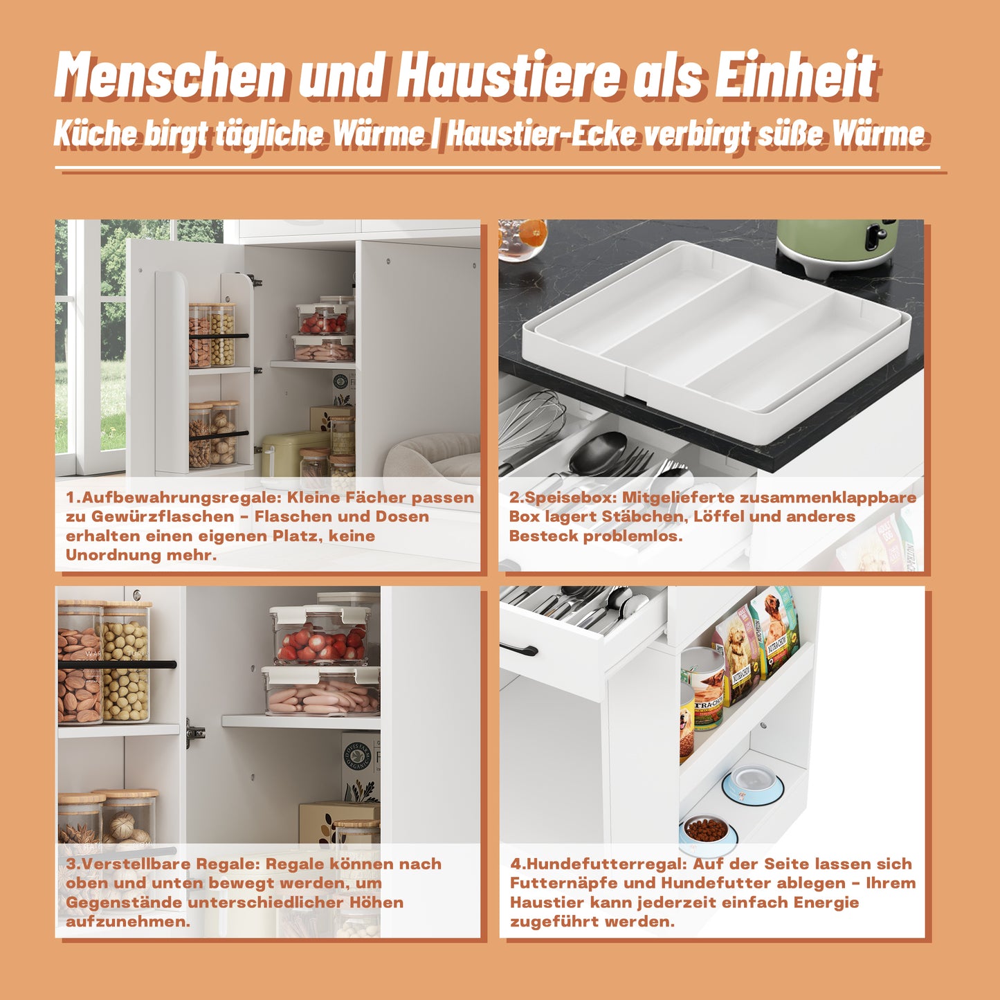 Kitchen Island, Cabinet With 3 Drawers, 1 Spice Rack, Adjustable Shelf Top, Double Shelf Without Dog Food Plate, Spacious Pet Storage Area Without Dog Cushion, 120x60x90 Cm, White