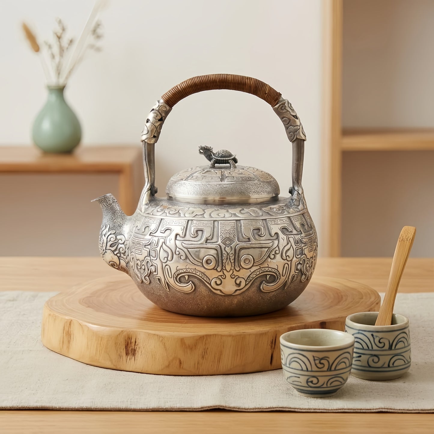Pure 999 Fine Silver Ornate Handcrafted Silver Tea Kettle Featuring Mythical Dragon Turtle and Traditional Taotie Motifs - Handicraft