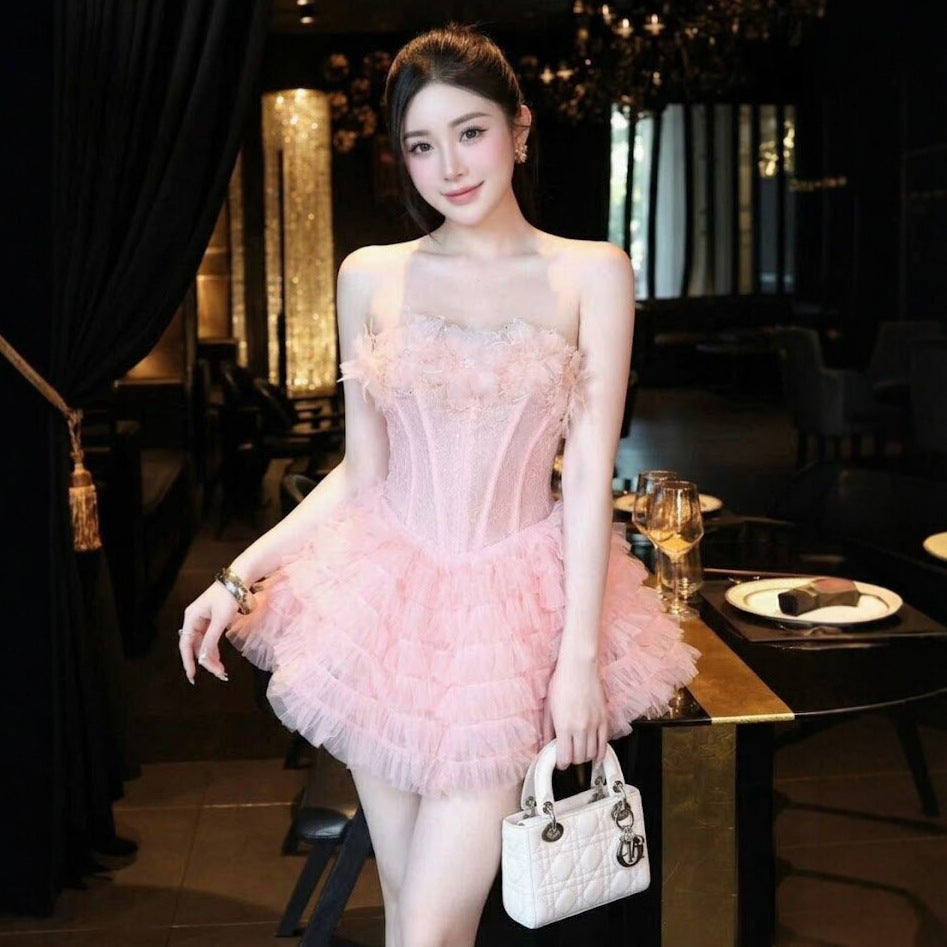 New Pink Strapless Princess Puff Skirt Elegant And Chic