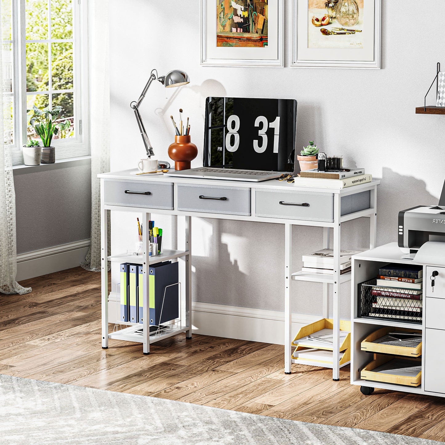 47" Small Computer Desk, Writing Desk with Fabric Drawers, Home Office Desk with Adjustable Shelves, White