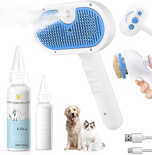 Pet Steam Brush for Dog & Cat - 3-in-1 Steam Grooming Brush for Shedding & Hair Removal - Self Cleaning Spray Comb with Mi...
