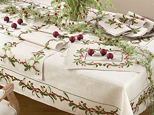 SARO LIFESTYLE QX653.N1690B Holiday Collection Embroidered Holly Design Table Runner, 16" x 90", Natural