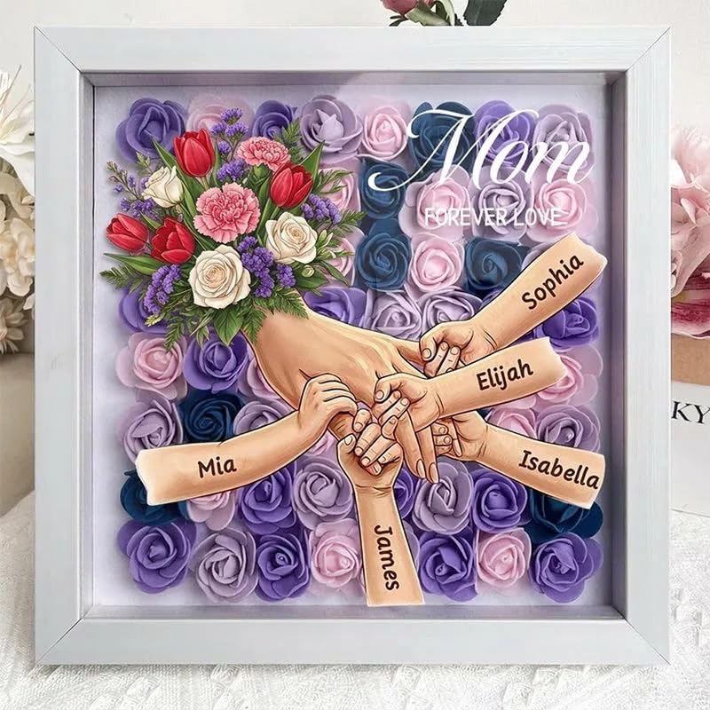 Personalized Mommy Holding Hands Shadow Box Custom Mom or Grandma Flower Shadow Box Frame with Kids Names Hand in Hand Des...