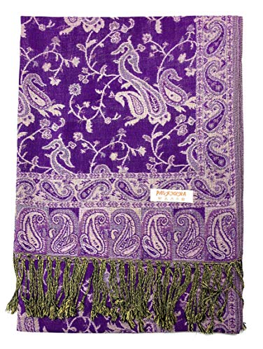 Plum Feathers Tapestry Ethnic Paisley Pattern Pashmina Shawl Scarf, Womens Pashmina Shawl Wrap with Fringes
