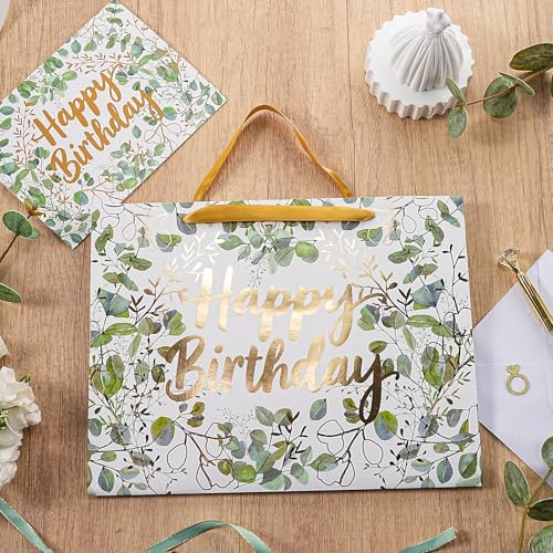 WRAPAHOLIC 13" Large Birthday Gift Bag with Card and Tissue Paper - Green and Gold Foil Eucalyptus Paper Bags for Kids Bir...