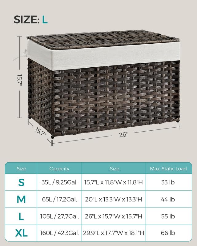 SONGMICS Storage Basket with Lid, Woven Blanket Storage Bin with Handles, Foldable, Removable Liner, Metal Frame, for Bedr...