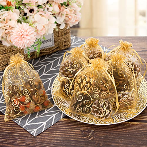 Staruby Organza Gift Bags 100Pcs Gold Sheer Organza Bag 5x7 Inch Mesh Favor Bags Drawstring Jewelry Rattan Printed Gift Po...