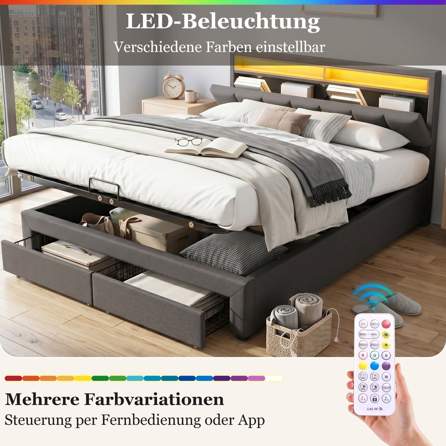 Upholstered Bed With LED Lighting,Hydraulic Storage Bed With Bed Box,Drawers And Storage Compartments,Stowable Headboard Made Of Foam,Double Bed Made Of Steel Frame,Linen,180x200cm,Grey