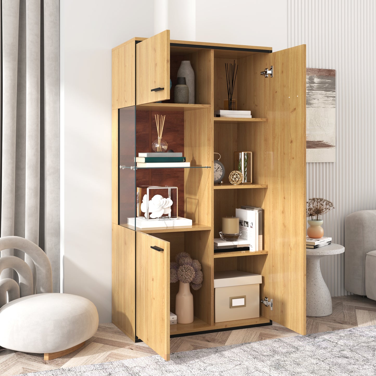 Modern Display Cabinet With LED Lighting - 150cm High - Glass Door, Multi-purpose Shelves, 15 Color Options, Large Storage Space, Glass Shelf, Showcase, Presentation Furniture, Cabinet With Lighting,