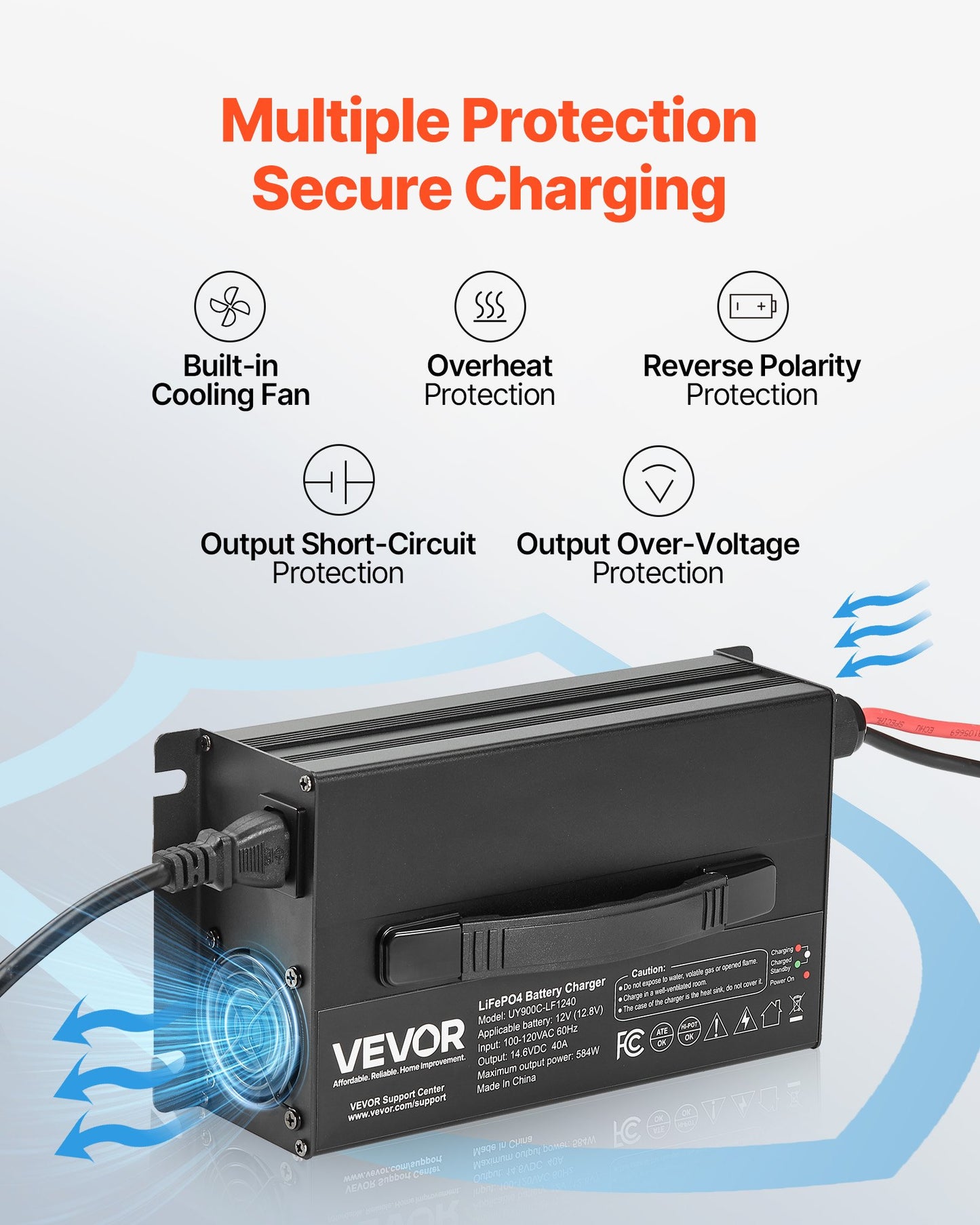 12V 40A Lithium Battery Charger 14.6V AC-DC LiFePO4 Smart Charger For RV