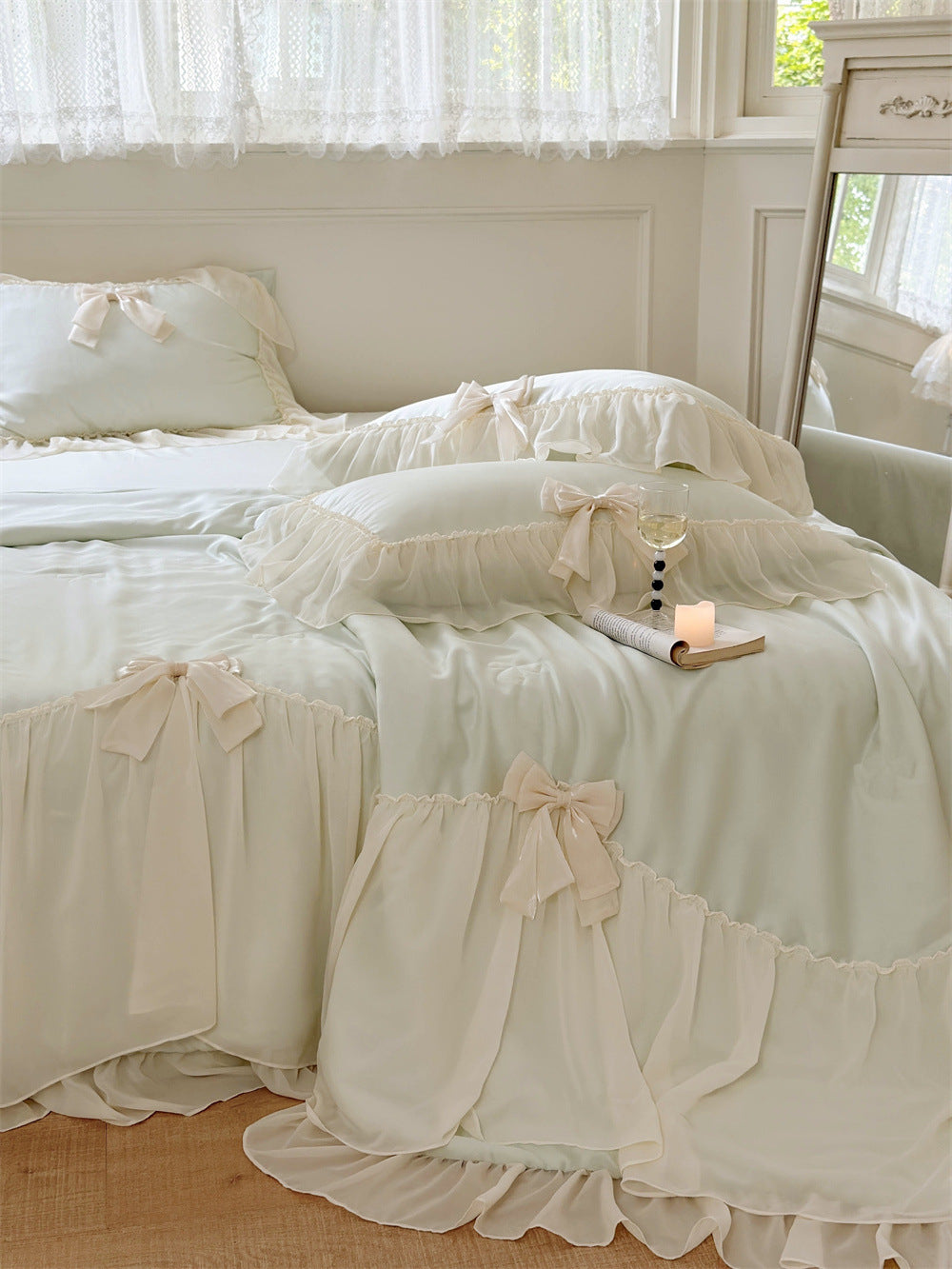 Pure Color Ruffles Princess Style Summer Quilt Tencel Summer Cooling Duvet Airable Cover Four-piece Set