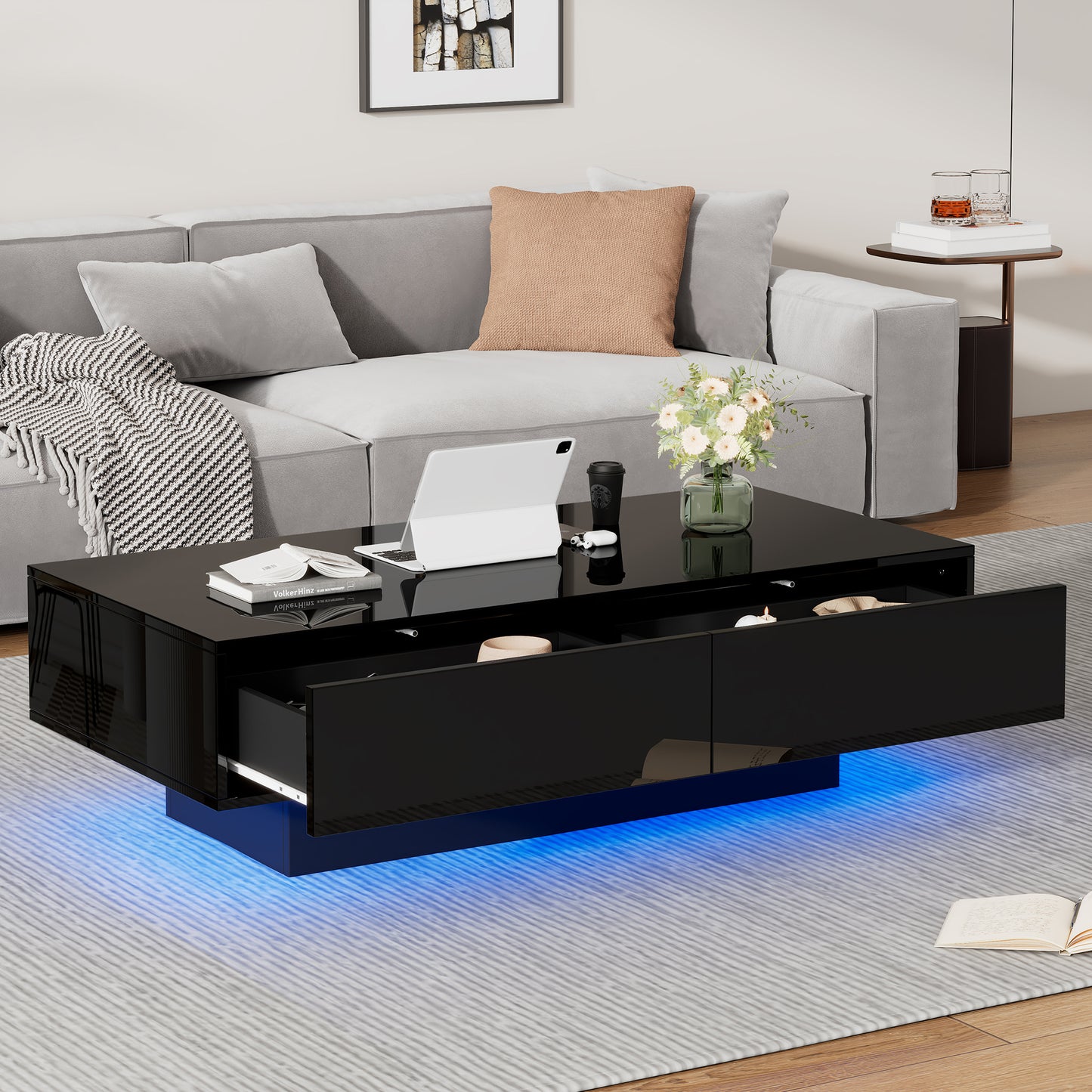 Modern Black Glossy Coffee Table, 115 X 55 X 34 Cm, With 2 Drawers, LED Lighting And 30 Kg Load Capacity - Elegant Living Room Coffee Table