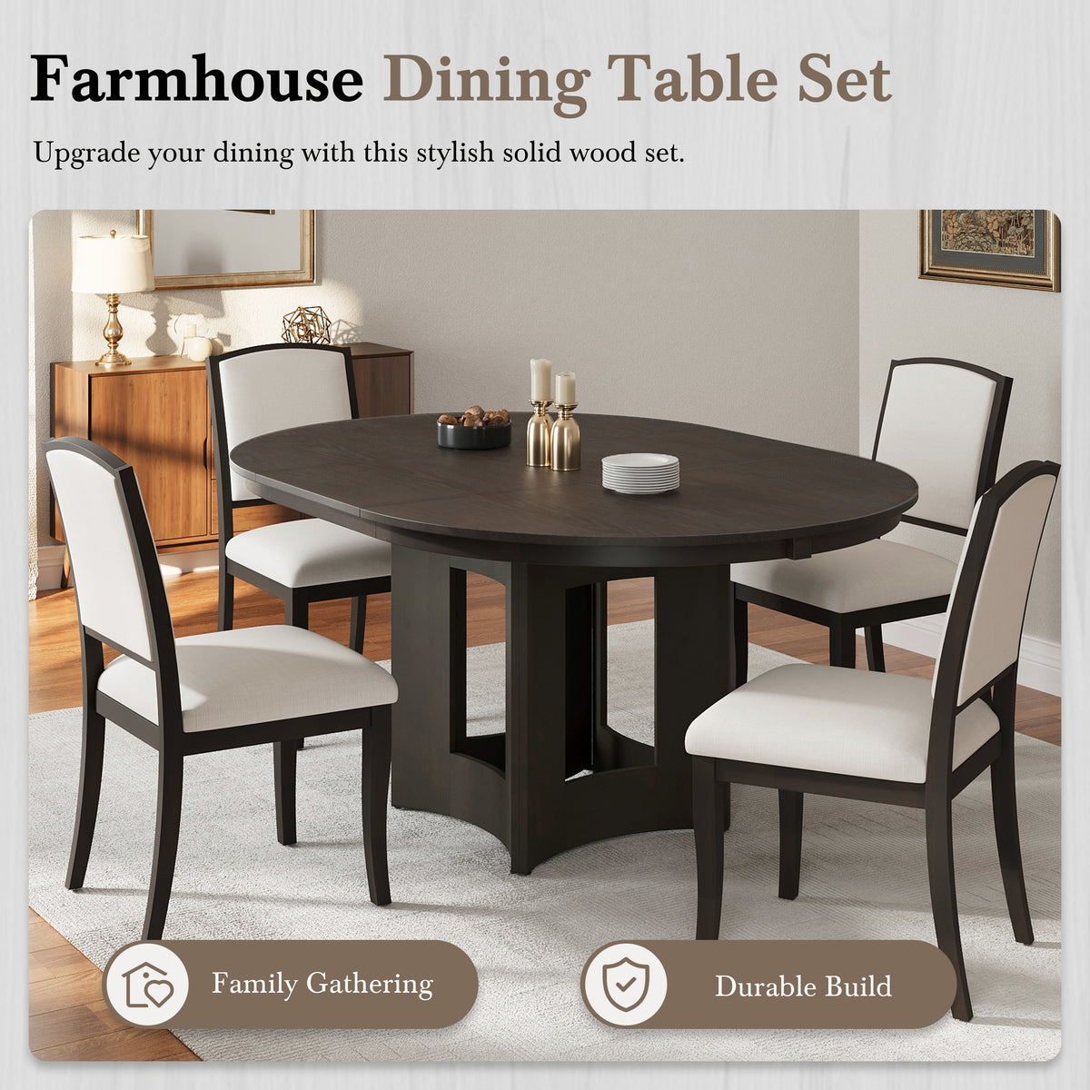 TOPMAX Farmhouse Extendable Round Dining Table Set For 4, 5-Piece Kitchen Table Set With 4 Upholstered Chairs And 16inch Removable Leaf For Small Places, Espresso Beige