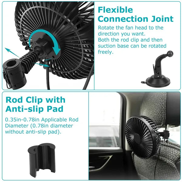 Car Cooling Fan Portable Rotatable USB Vehicle Fan Backseat Clip Fan Dashboard Window Suction Fan For SUV RV Pickup With 3 Speeds