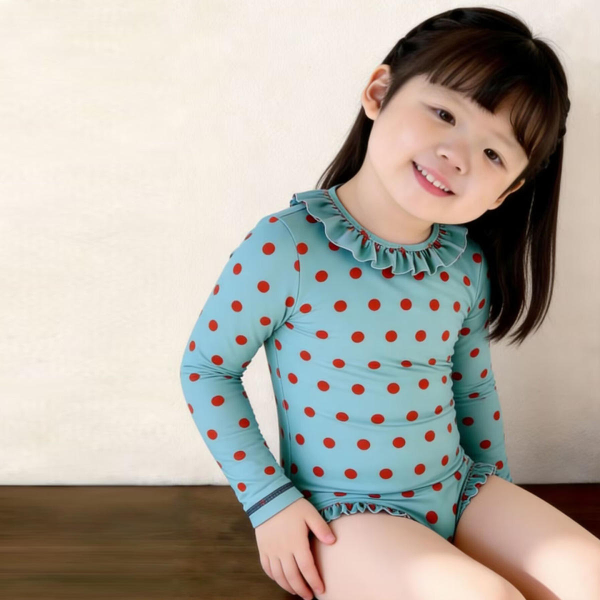New style Korean style Retro Polka dot Long sleeve One piece Swimsuit For Babies