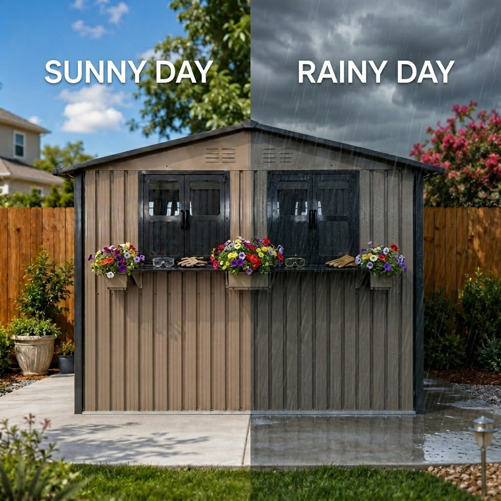 9x6 FT Outdoor Metal Storage Shed With Window & Flower Rack, Lockable Double Doors Tool Shed, Waterproof Weatherproof Garden Shed For Patio Brown Black