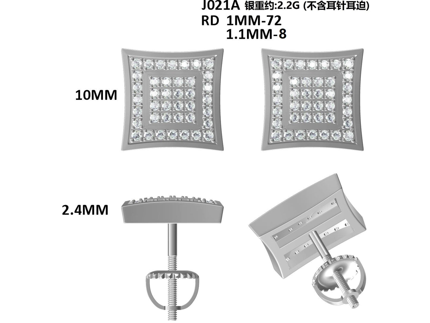 S925 Sterling Silver 76pcs D Color VVS1 Moissanite Square Stud Earrings 10mm Screw Back Hypoallergenic GRA Certified Gift Box