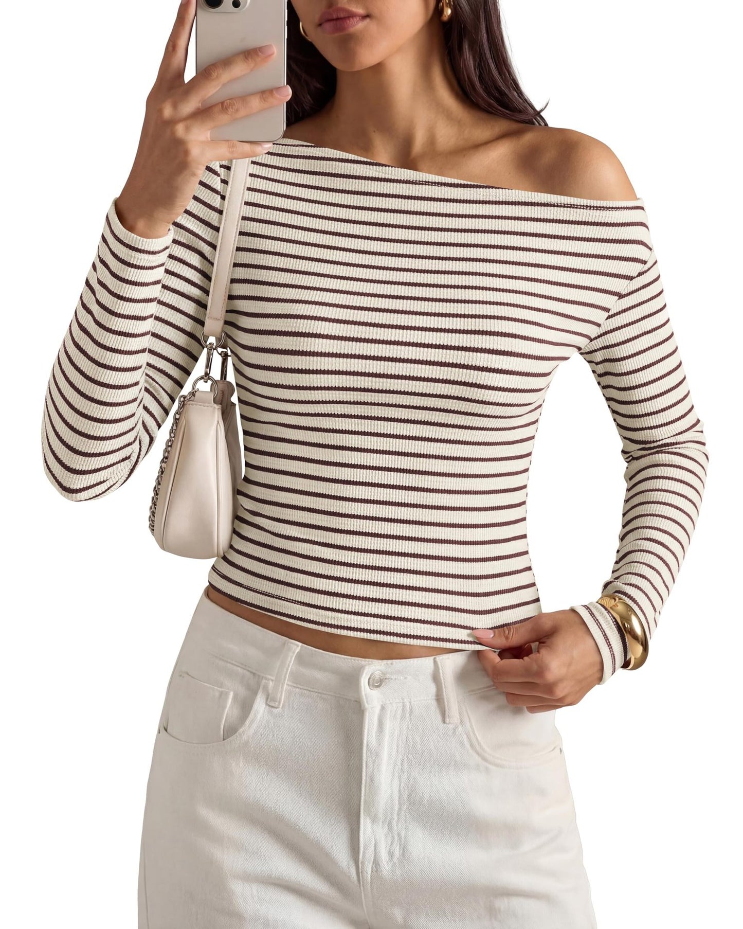 Womens Fashion Casual Striped Off-shoulder Top