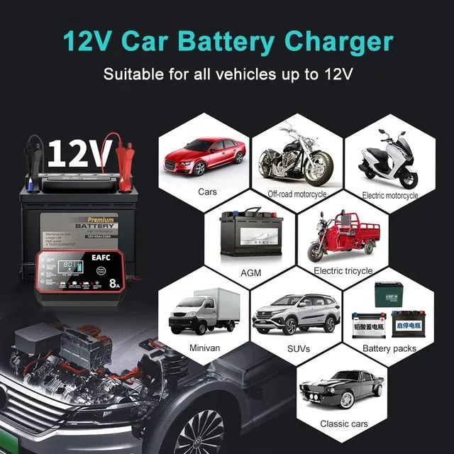 12V 8A Car Battery Charger Quick Charge Automatic Smart Battery Charger LCD Display For Lead Acid Agm Gel Wet LiFePO4
