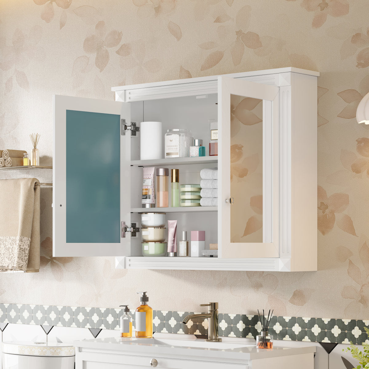 36'' x 28'' Medicine Cabinet, Wall Mounted Bathroom Storage Cabinet, Modern Bathroom Wall Cabinet with 2 Mirrors, Medicine Cabinet, Mirror Cabinet with 2 adjustable Shelves