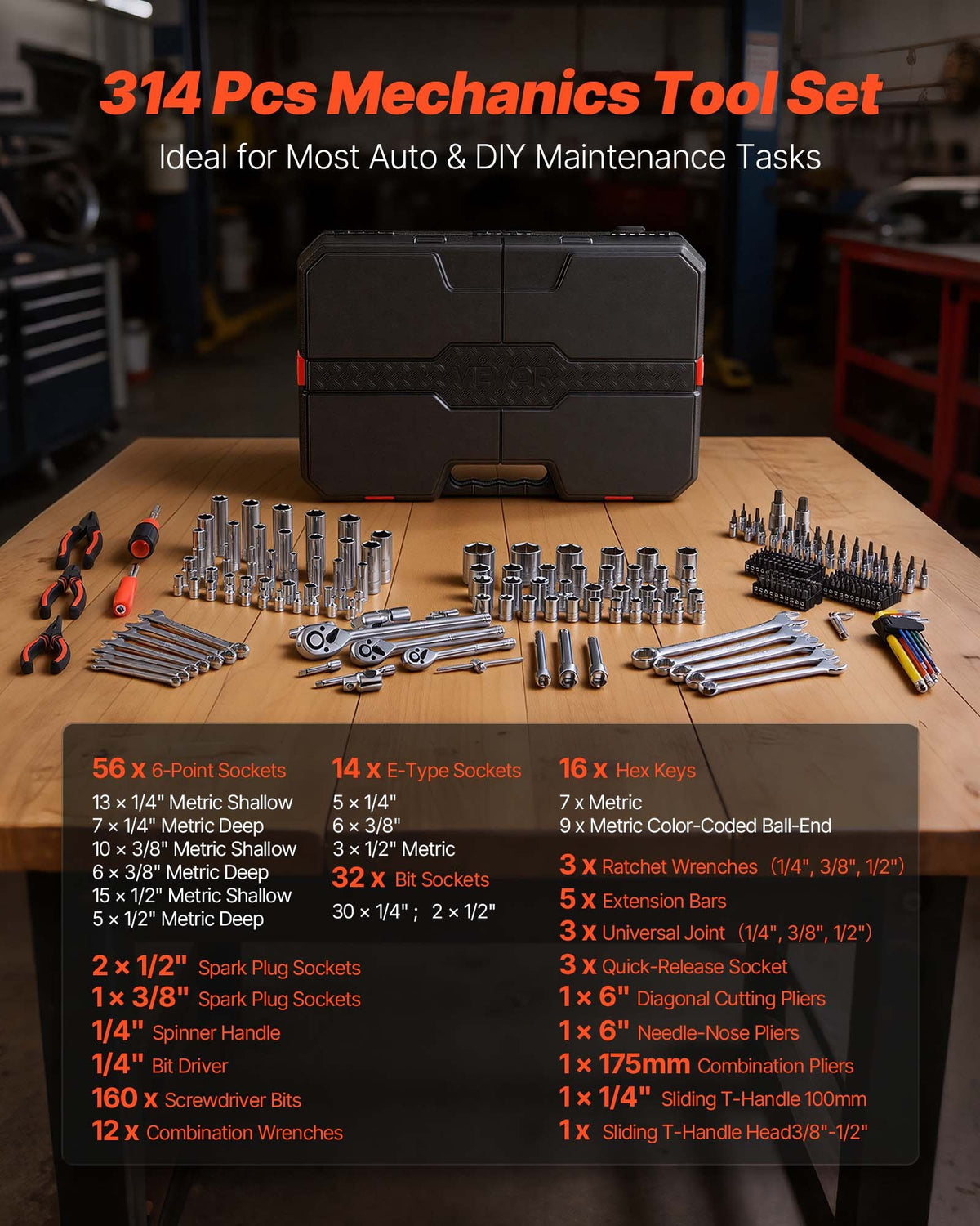 Mechanics Tool Set, 314-Piece Mechanic Tool Kit, 1/4 In, 3/8 In, And 1/2 In Drive, Metric Socket Set, Wrenches, Screwdriver Bits, Accessories, And Storage Case, For Automotive And Home Repair
