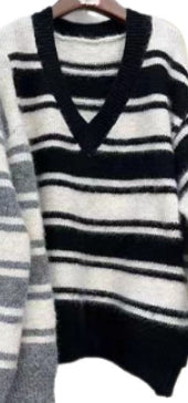 Korean Style Retro V-neck Striped Loose Sweater