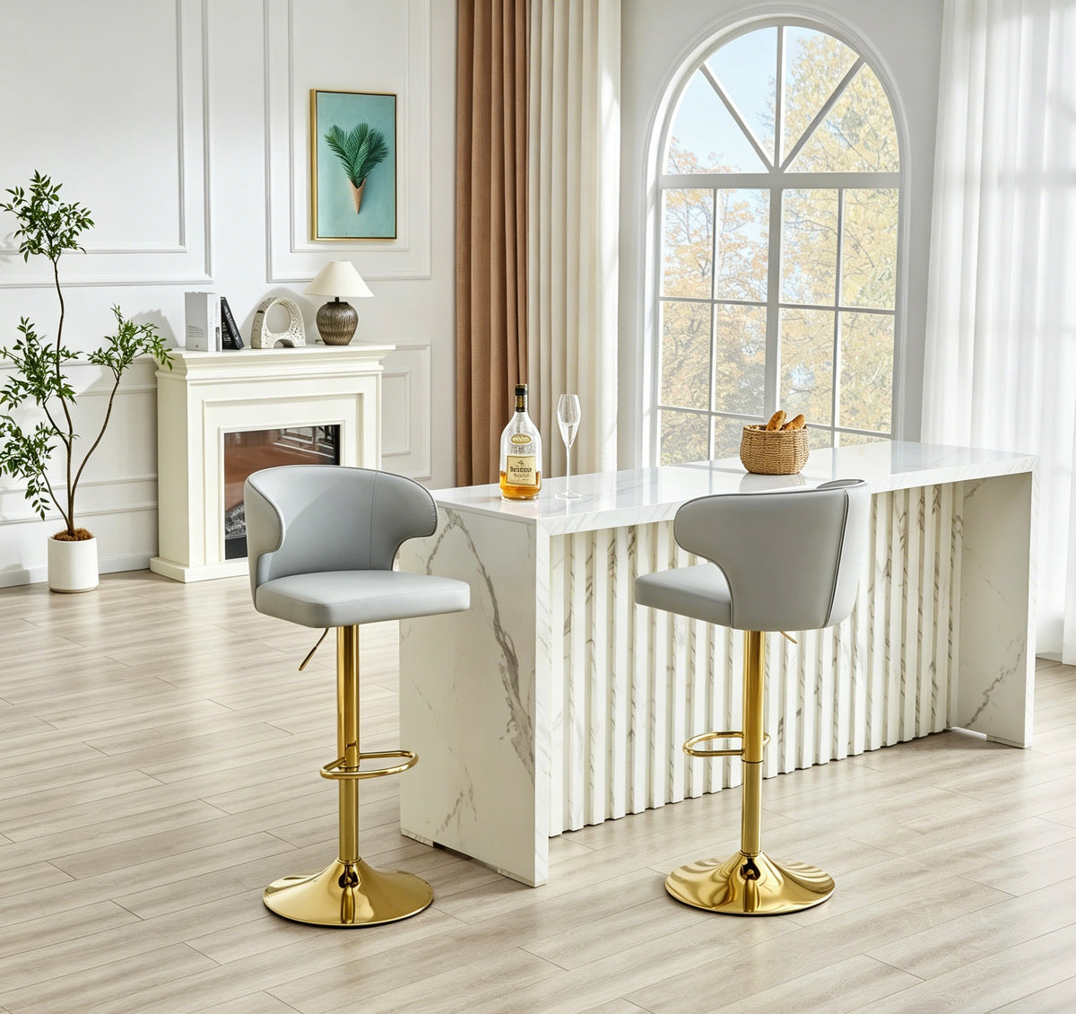 Modern Rotating Adjustable Bar Chair, PU Leather Belt Backrest Swivel Chair, Suitable For Kitchen Bar Counter And Dining Room, Adjustable Height, Capable Of Bearing 300 Pounds Grey -2 Pieces
