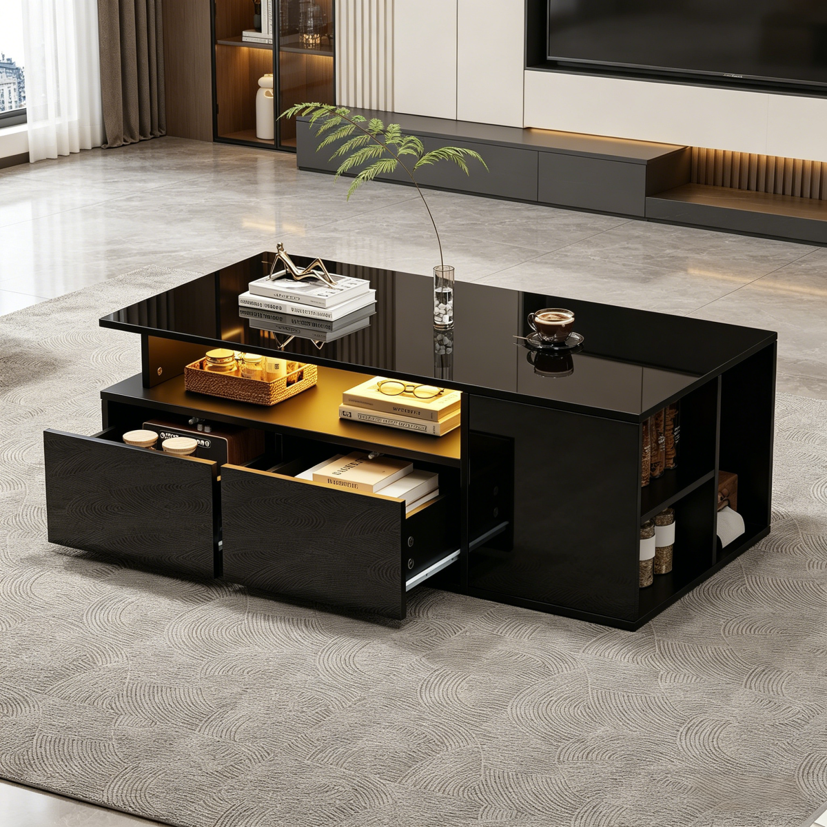 100x50x35cm Tea Table With LED, Living Room Coffee Table, Sofa Table With 2 Drawers, Coffee Table With Total Load Capacity Of 60kg, Black Living Room Table With Plenty Of Storage