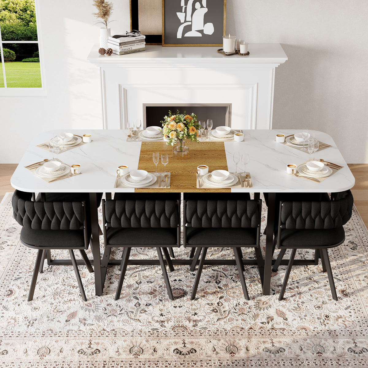 9-Piece Square Dining Table Set, Fixed White Faux Marble & Wood Grain Triamine Tabletop With 8 Black Velvet Chairs, Modern Kitchen Table Set For 8 People, Ideal For Family Gatherings, Dining Room