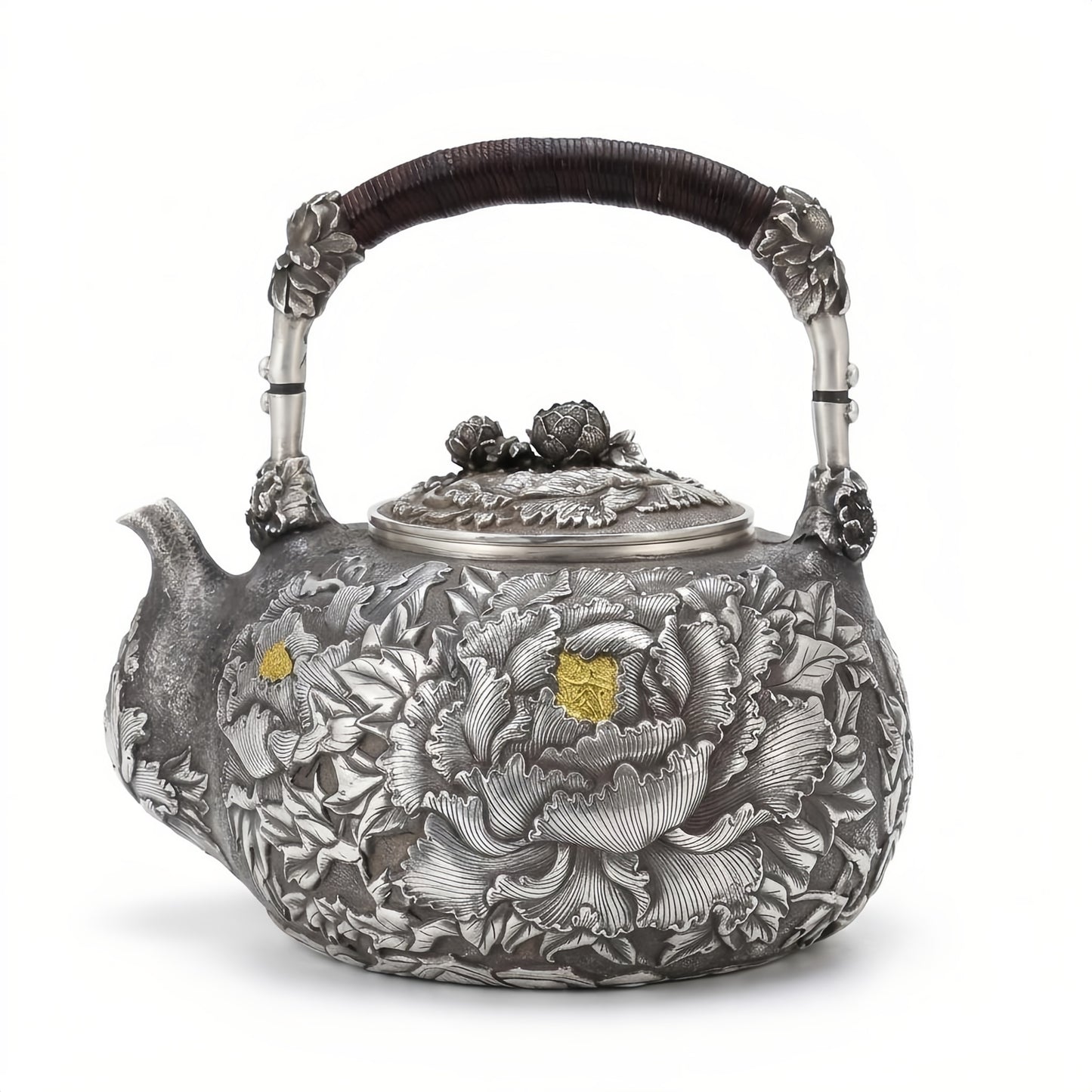 Pure 999 Fine Silver Handcrafted Silver Tea Kettle Featuring Intricate Peony Relief and Woven Handle - Handicraft