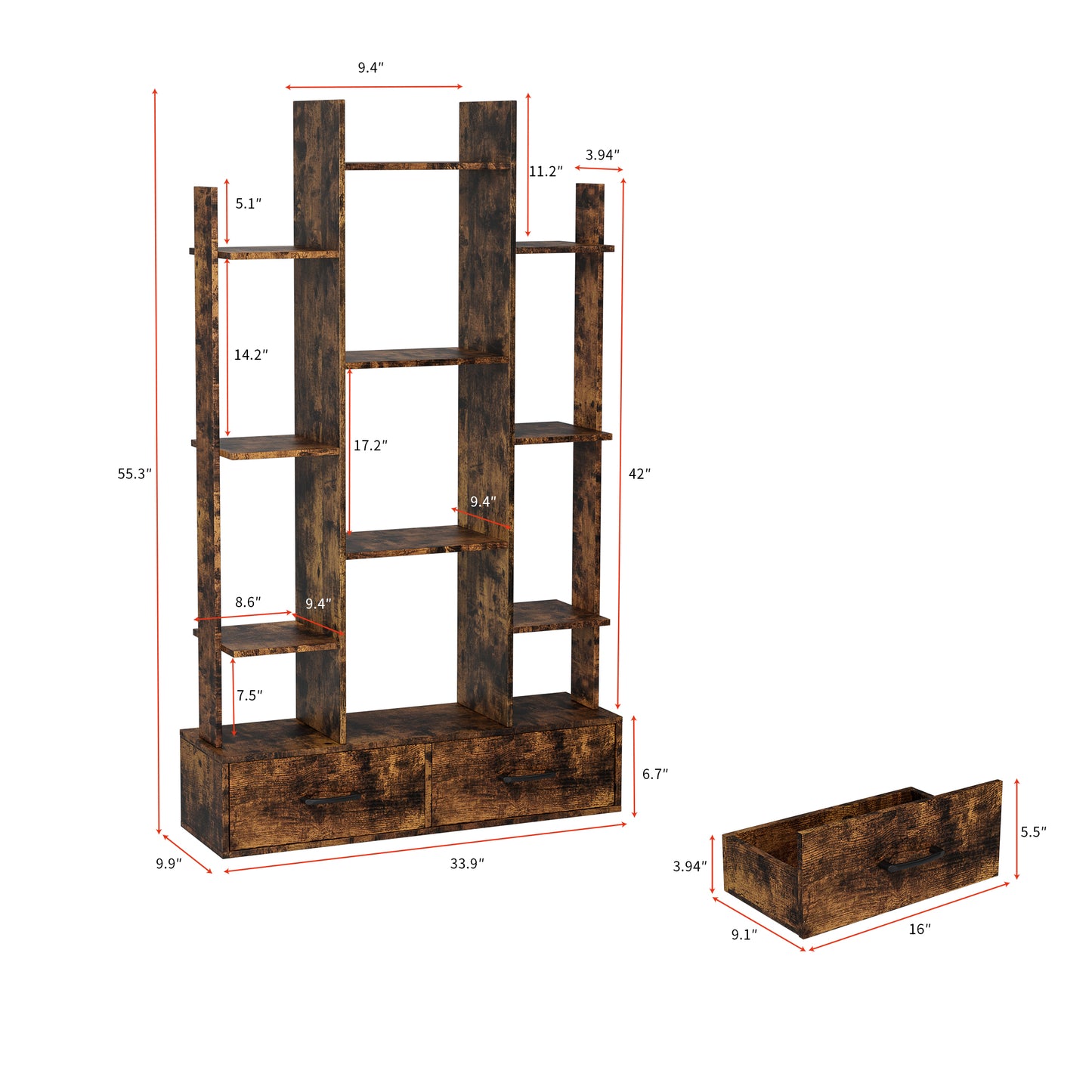 Bookshelf With 2 Drawers, Industrial Freestanding Open Display Shelving, Vintage Open Bookcase, 12 Storage Shelves, Book Case For Bedroom, Living Room, Home Office, Rustic Brown