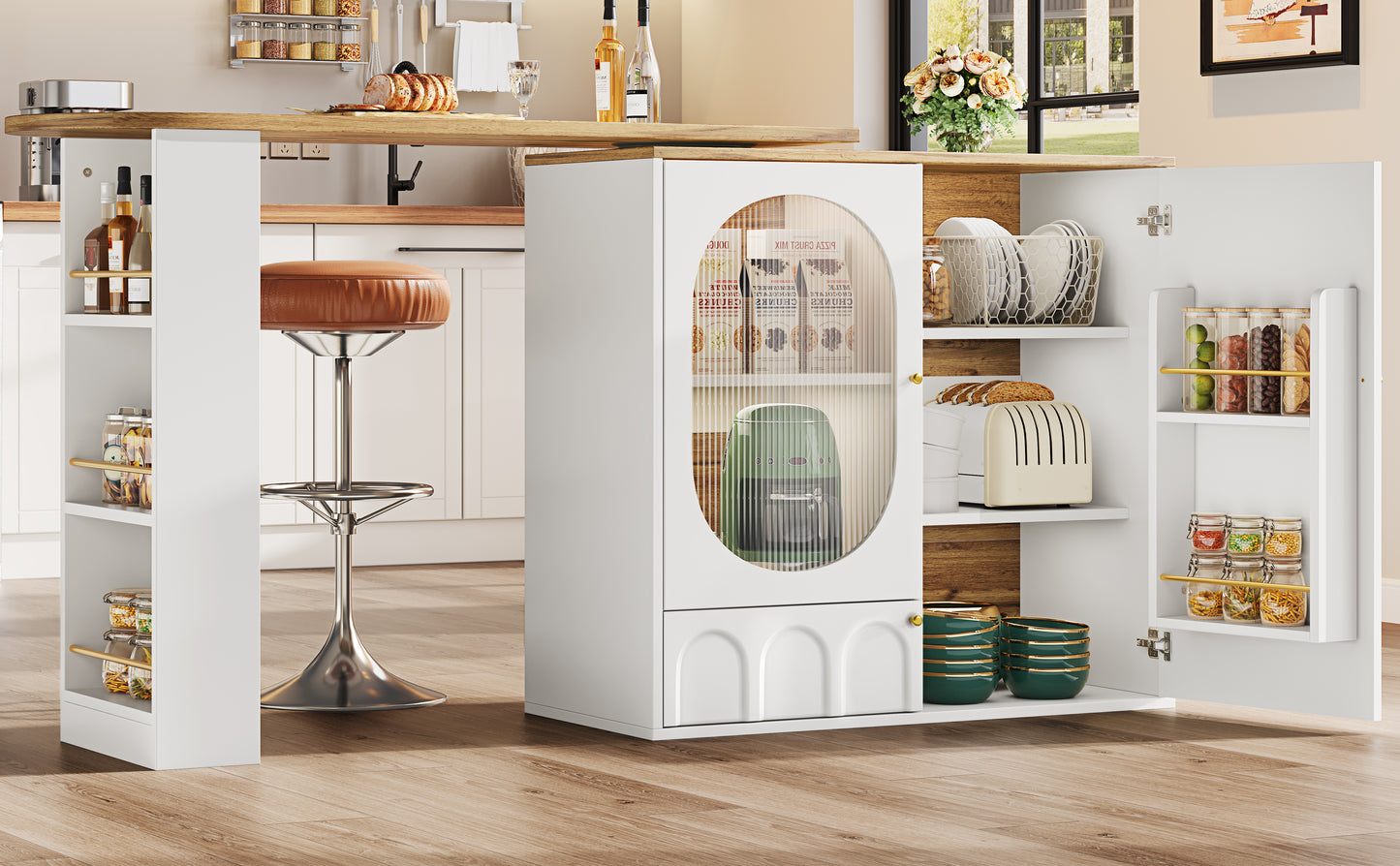 360 Rotatable Bar Table, Bar Table Body 138 X 39 X 102 Cm , Coffee Bar Furniture, Swivel Dining Counter With Storage Space, Kitchen Island, Three Doors With Door Shelves, Removable Dividers, White