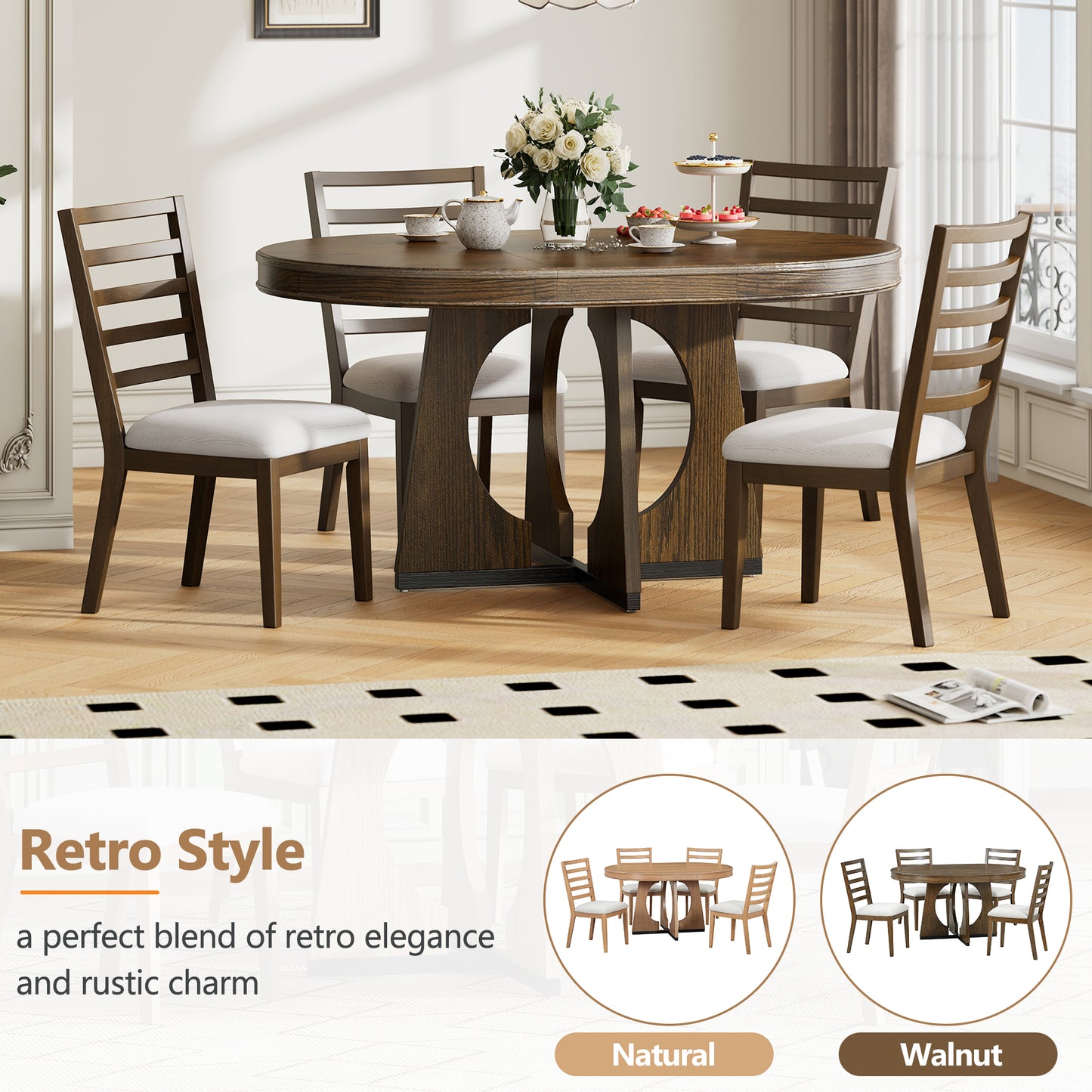 TREXM Round Dining Table For 4 With Chairs Set Extendable Dining Table Set With 16 Removable Middle Leaf 5 Piece Retro Dining Table Set Unique Geometric Design For Kitchen Dining Room Walnut