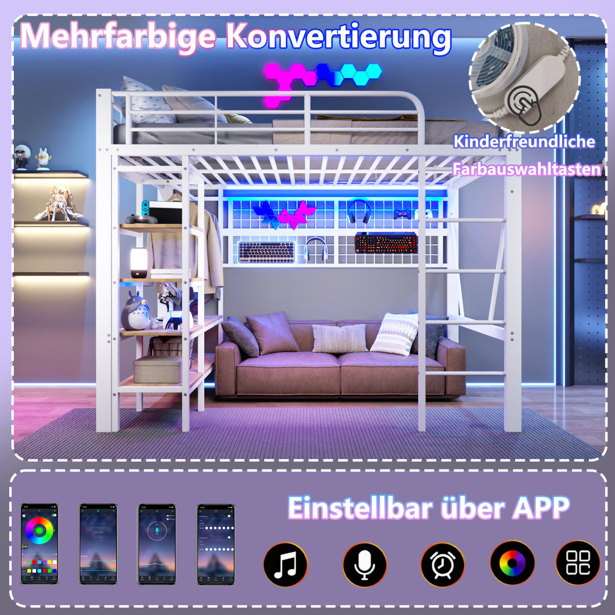 Loft Bed, 140 X 200 Cm, Iron Frame, Storage Compartment, Net For Hanging Objects, With Clothes Rail, Open Space Under The Bed, With LED Light Strip, Without Mattress, White