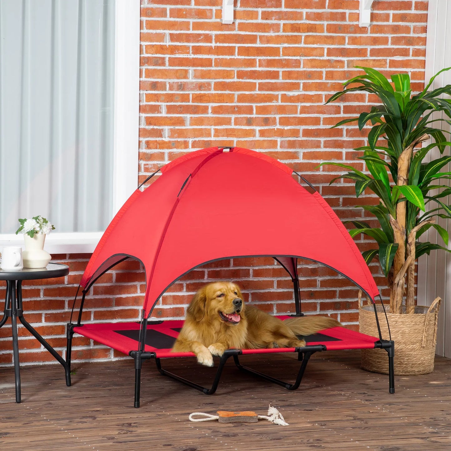 48 In X 36 In Elevated Dog Cot Cooling Pet Bed With UV Protection Canopy Shade, Portable Raised Outdoor Dog Bed, Heavy Duty Pet Hammock Bed For Medium & Large Dogs, Red