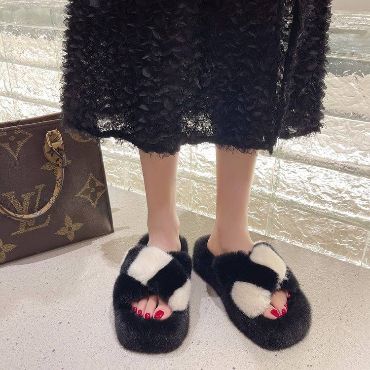 Women New Color Block Cross Fuzzy Slippers, Warm Thick Sole Fluffy Slide Shoes For Indoor & Outdoor