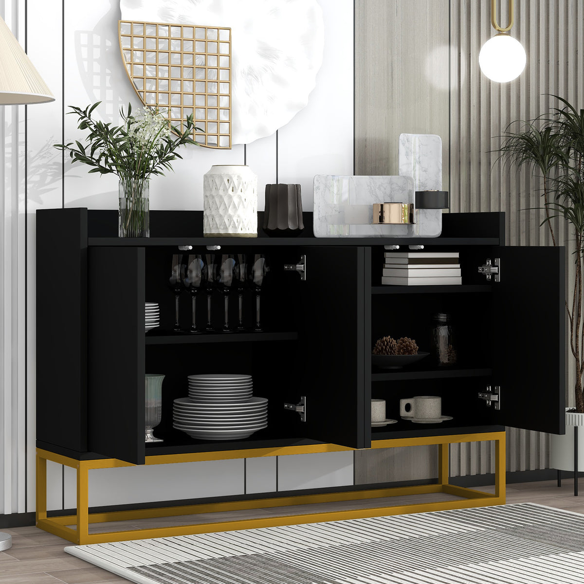 Modern Minimalist Style Sideboard 4-Door Handleless Buffet Cabinet For Dining Room, Living Room, Kitchen Black